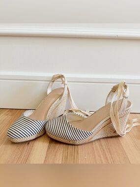 Espadrille Wedge Ankle-Tie Shoes with Black & White Stripes